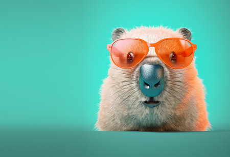 Creative animal concept. wombat in sunglass shade glasses isolated on solid pastel background, commercial, editorial advertisement, surreal surrealism. copy text spaceの素材