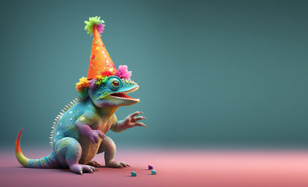 Creative animal concept. chameleon reptile in party cone hat necklace bowtie outfit isolated on solid pastel background advertisement, copy text space. party invite invitationの素材