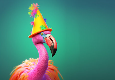 Creative animal concept. flamingo bird in party cone hat necklace bowtie outfit isolated on solid pastel background advertisement, copy text space. birthday party invite invitationの素材