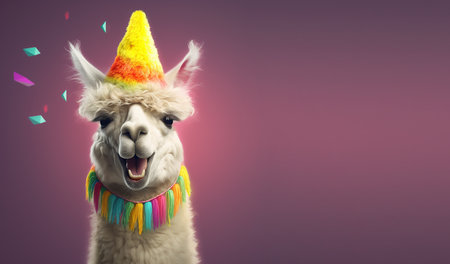 Creative animal concept. Alpaca in party cone hat necklace bowtie outfit isolated on solid pastel background advertisement, copy text space. birthday party invite invitationの素材