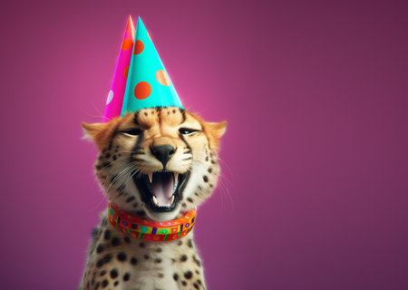 Creative animal concept. cheetah in party cone hat necklace bowtie outfit isolated on solid pastel background advertisement, copy text space. birthday party invite invitationの素材