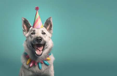 Creative animal concept. husky dog in party cone hat necklace bowtie outfit isolated on solid pastel background advertisement, copy text space. birthday party invite invitationの素材