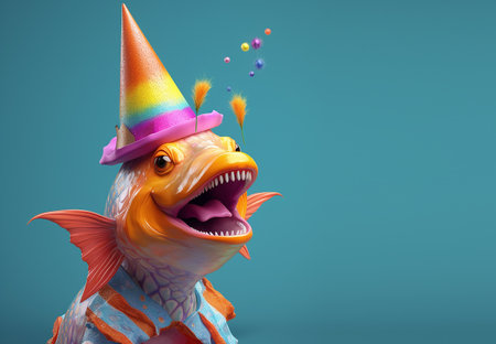 Creative animal concept. goldfish fish in party cone hat necklace bowtie outfit isolated on solid pastel background advertisement, copy text space. birthday party invite invitationの素材