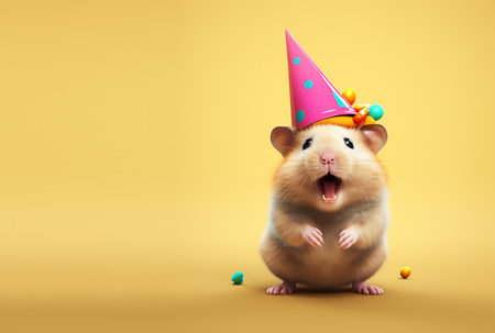 Creative animal concept. hamster in party cone hat necklace bowtie outfit isolated on solid pastel background advertisement, copy text space. birthday party invite invitationの素材
