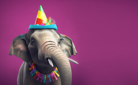 Creative animal concept. elephant in party cone hat necklace bowtie outfit isolated on solid pastel background advertisement, copy text space. birthday party invite invitationの素材