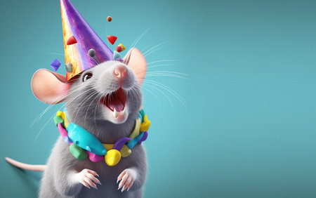 Creative animal concept. mouse in party cone hat necklace bowtie outfit isolated on solid pastel background advertisement, copy text space. birthday party invite invitationの素材