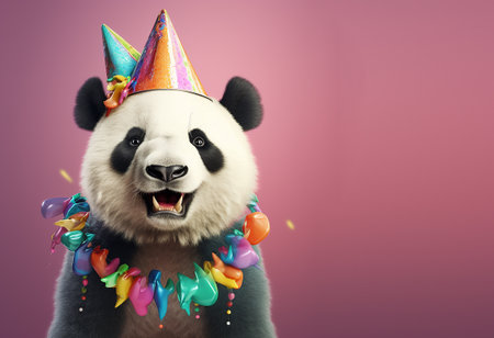 Creative animal concept. panda bear in party cone hat necklace bowtie outfit isolated on solid pastel background advertisement, copy text space. birthday party invite invitationの素材