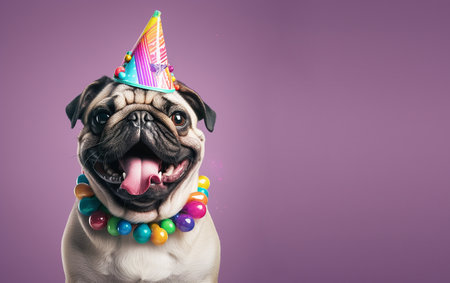 Creative animal concept. pug dog in party cone hat necklace bowtie outfit isolated on solid pastel background advertisement, copy text space. birthday party invite invitationの素材