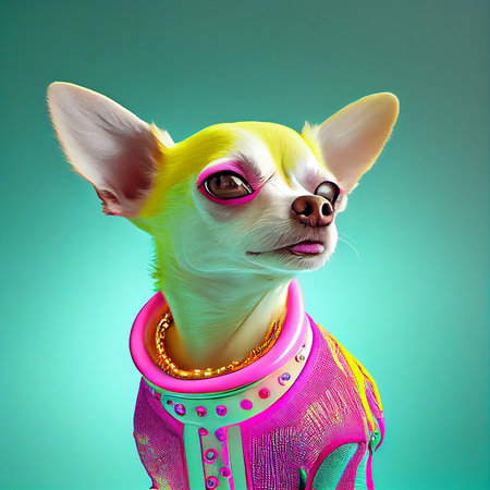 Realistic lifelike chihuahua dog puppy in fluorescent electric highlighters ultra-bright neon outfits, commercial, editorial advertisement, surreal surrealism. 80s Era comeback.の素材