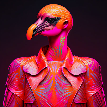 Realistic lifelike flamingo bird in fluorescent electric highlighters ultra-bright neon outfits, commercial, editorial advertisement, surreal surrealism. 80s Era comebackの素材