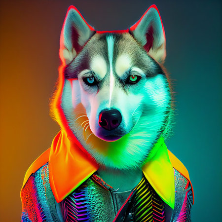 Realistic lifelike husky dog puppy in fluorescent electric highlighters ultra-bright neon outfits, commercial, editorial advertisement, surreal surrealism. 80s Era comebackの素材