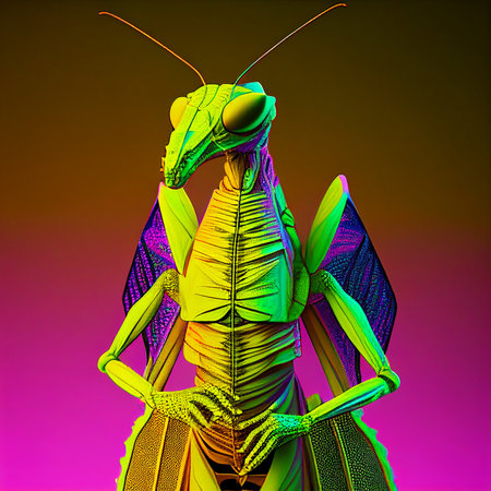 Realistic lifelike praying mantis in fluorescent electric highlighters ultra-bright neon outfits, commercial, editorial advertisement, surreal surrealism. 80s Era comeback.の素材