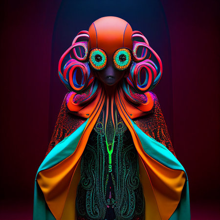 Realistic lifelike squid in fluorescent electric highlighters ultra-bright neon outfits, commercial, editorial advertisement, surreal surrealism. 80s Era comeback.の素材