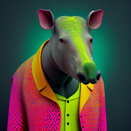 Realistic lifelike tapir in fluorescent electric highlighters ultra-bright neon outfits, commercial, editorial advertisement, surreal surrealism. 80s Era comebackの素材