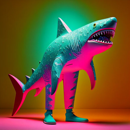 Realistic lifelike shark in fluorescent electric highlighters ultra-bright neon outfits, commercial, editorial advertisement, surreal surrealism. 80s Era comebackの素材