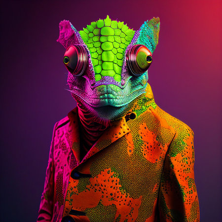 Realistic lifelike chameleon in fluorescent electric highlighters ultra-bright neon outfits, commercial, editorial advertisement, surreal surrealism. 80s Era comebackの素材