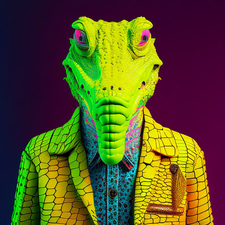 Realistic lifelike crocodile alligator in fluorescent electric highlighters ultra-bright neon outfits, commercial, editorial advertisement, surreal surrealism. 80s Era comebackの素材