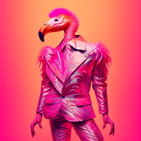 Realistic lifelike flamingo bird in fluorescent electric highlighters ultra-bright neon outfits, commercial, editorial advertisement, surreal surrealism. 80s Era comebackの素材