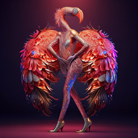 Realistic lifelike flamingo in disco neon glitter bright outfits, commercial, editorial advertisement, surreal surrealism,の素材