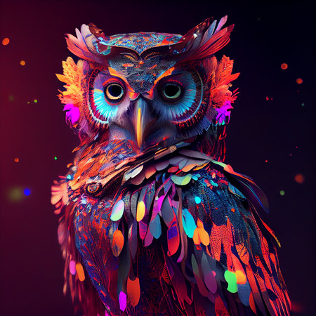 Realistic lifelike owl bird in disco neon glitter bright outfits, commercial, editorial advertisement, surreal surrealism,の素材