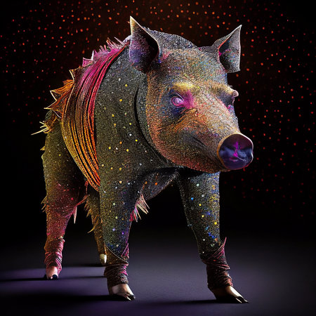 Realistic lifelike pig boar in disco neon glitter bright outfits, commercial, editorial advertisement, surreal surrealism,の素材