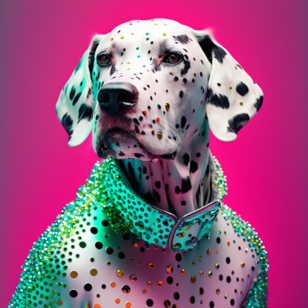 Realistic lifelike dalmatian dog puppy in disco neon glitter bright outfits, commercial, editorial advertisement, surreal surrealism,の素材