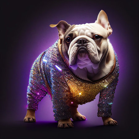 Realistic lifelike bulldog dog puppy in disco neon glitter bright outfits, commercial, editorial advertisement, surreal surrealism,の素材
