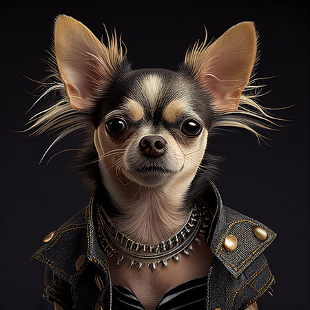 Realistic lifelike chihuahua dog puppy in punk rock rockstar leather outfits, commercial, editorial advertisement, surreal surrealism.の素材