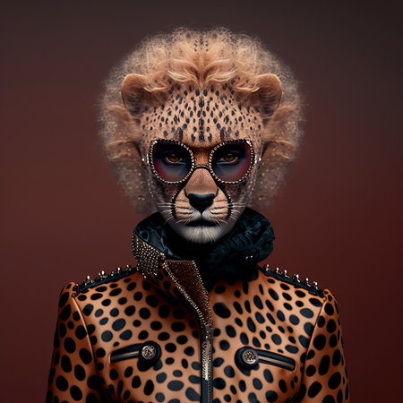 Realistic lifelike cheetah in punk rock rockstar leather outfits, commercial, editorial advertisement, surreal surrealism.の素材