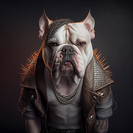 Realistic lifelike bulldog dog puppy in punk rock rockstar leather outfits, commercial, editorial advertisement, surreal surrealism.の素材
