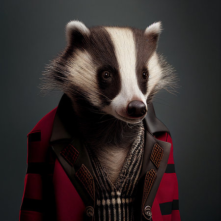 Realistic lifelike badger in punk rock rockstar leather outfits, commercial, editorial advertisement, surreal surrealism.の素材