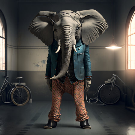 Realistic lifelike elephant in punk rock rockstar leather outfits, commercial, editorial advertisement, surreal surrealism.の素材