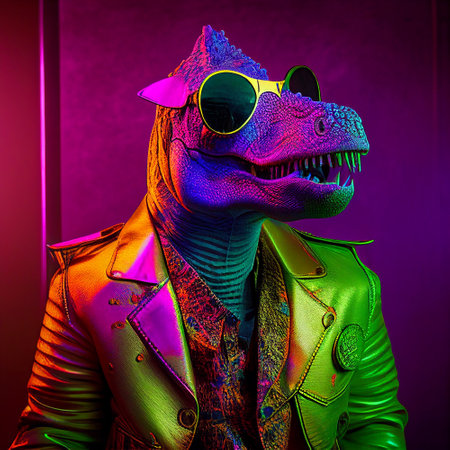 Portrait of a man in a dinosaur costume. Colorful neon lighting.の素材