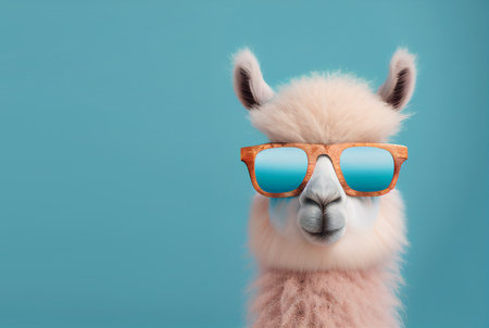 Creative animal concept. alpaca in sunglass shade glasses isolated on solid pastel background, commercial, editorial advertisement, surreal surrealismの素材