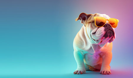 Creative animal concept. bulldog dog puppy in sunglass shade glasses isolated on solid pastel background, commercial, editorial advertisement, surreal surrealismの素材