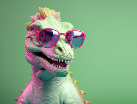 Creative animal concept. Dinosaur in sunglass shade glasses isolated on solid pastel background, commercial, editorial advertisement, surreal surrealismの素材
