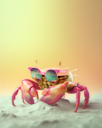 Creative animal concept. crab in sunglass shade glasses isolated on solid pastel background, commercial, editorial advertisement, surreal surrealismの素材