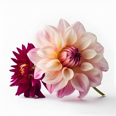 Bouquet of dahlia tulip tulips flower plant with leaves isolated on white background. 3D rendering. Flat lay, top view. macroの写真素材