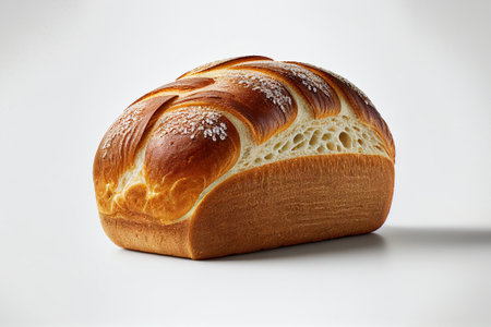 Freshly baked loaf of bread on a white background, close-upの素材