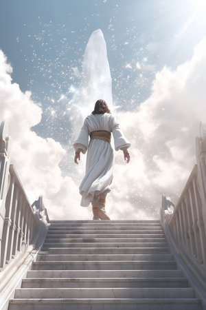 Creative religion concept. Jesus walking up Stairway podium leading to the heavenly sky towards the glowing end clouds skies landscape. Christian religious. generative aiの素材
