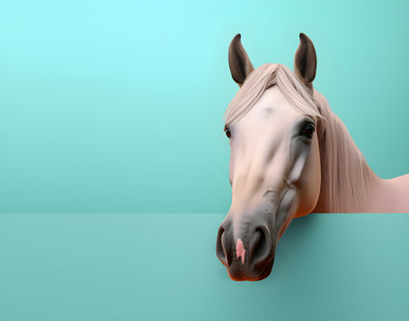 Creative animal concept. White horse peeking over pastel bright background. advertisement, banner, card. copy text space. birthday party invite invitationの素材