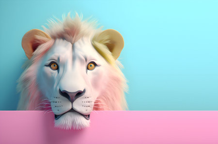 Creative animal concept. Lion peeking over pastel bright background. advertisement, banner, card. copy text space. birthday party invite invitationの素材