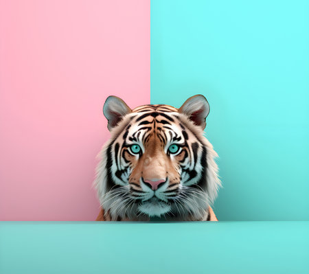 Creative animal concept. Tiger peeking over pastel bright background. advertisement, banner, card. copy text space. birthday party invite invitationの素材