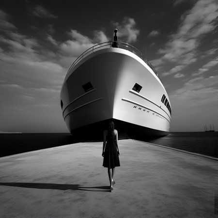 Creative Cinematic fashion shoot movie composition. Black and white photo of amazing yacht boat dock landscape view with beautiful back view of model lady.の素材
