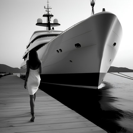 Creative Cinematic fashion shoot movie composition. Black and white photo of amazing yacht boat dock landscape view with beautiful back view of model lady.の素材