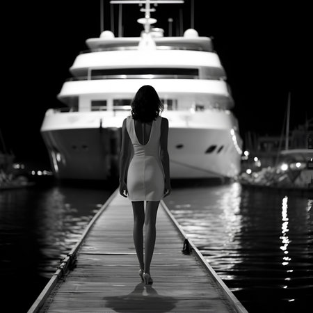 Creative Cinematic fashion shoot movie composition. Black and white photo of amazing yacht boat dock landscape view with beautiful back view of model lady.の素材
