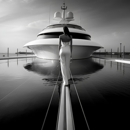 Creative Cinematic fashion shoot movie composition. Black and white photo of amazing yacht boat dock landscape view with beautiful back view of model lady.の素材