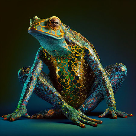 Realistic lifelike frog toad in fluorescent electric highlighters ultra-bright neon outfits, commercial, editorial advertisement, surreal surrealism. 80s Era comebackの素材