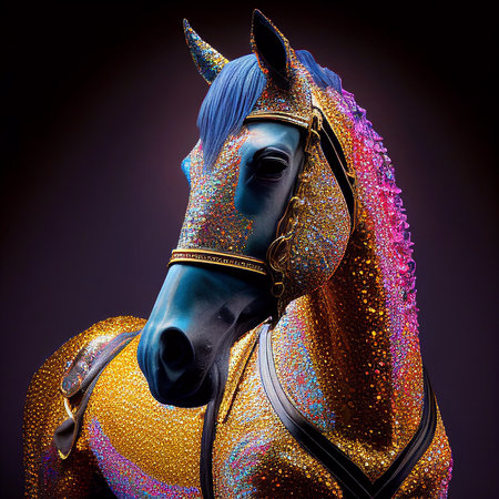 Realistic lifelike horse in fluorescent electric highlighters ultra-bright neon outfits, commercial, editorial advertisement, surreal surrealism. 80s Era comebackの素材
