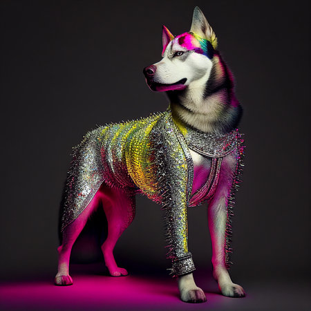 Realistic lifelike husky dog in fluorescent electric highlighters ultra-bright neon outfits, commercial, editorial advertisement, surreal surrealism. 80s Era comebackの素材